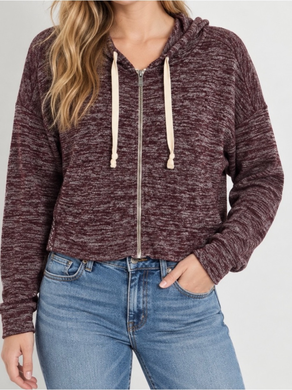 American Eagle Women's Marled burgundy wine red Zip-Front Hoodie crop top small